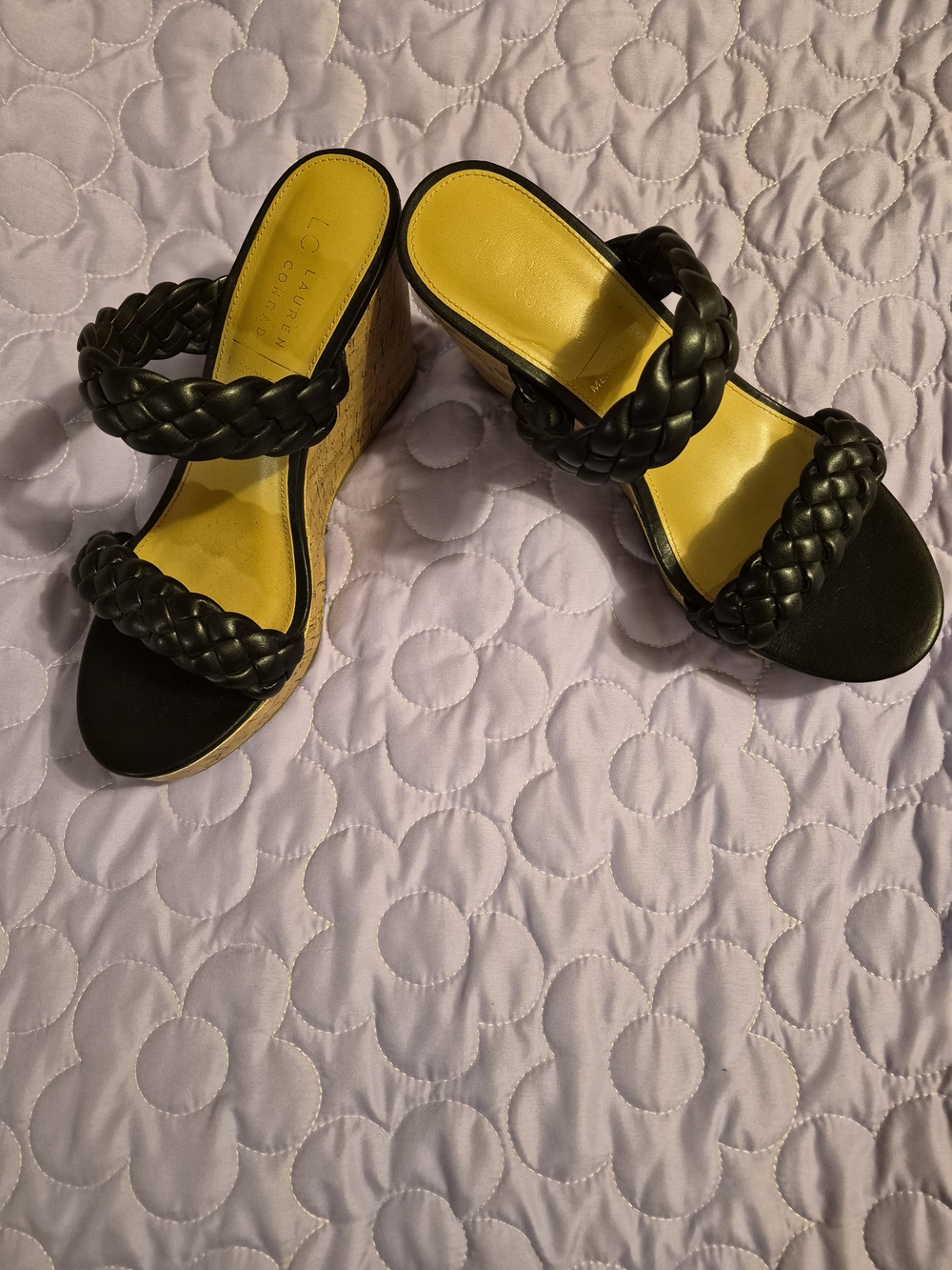 LC Lauren Conrad Black Braided Platform Wedge Sandals with Yellow Insole